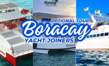 Guests on Boracay’s Andy World yacht enjoying sunset cruise with cocktails, pizza, and cliff diving.